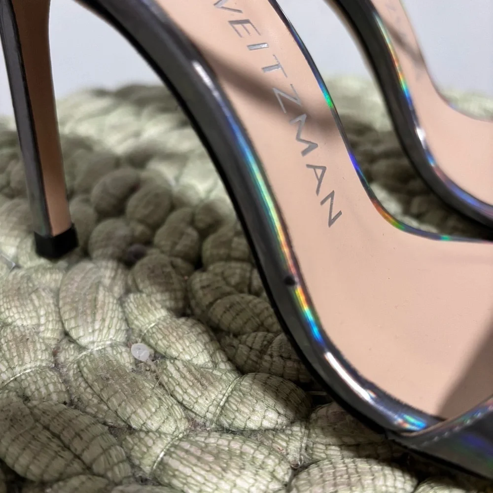 NEW Stuart Weitzman Aleena 100 Silver Hologram Square Toe Slip On Sandal Heels